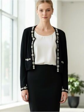 Vintage Berek Takako Sakon Cropped Black Cardigan with Pearls And Sequins Trim